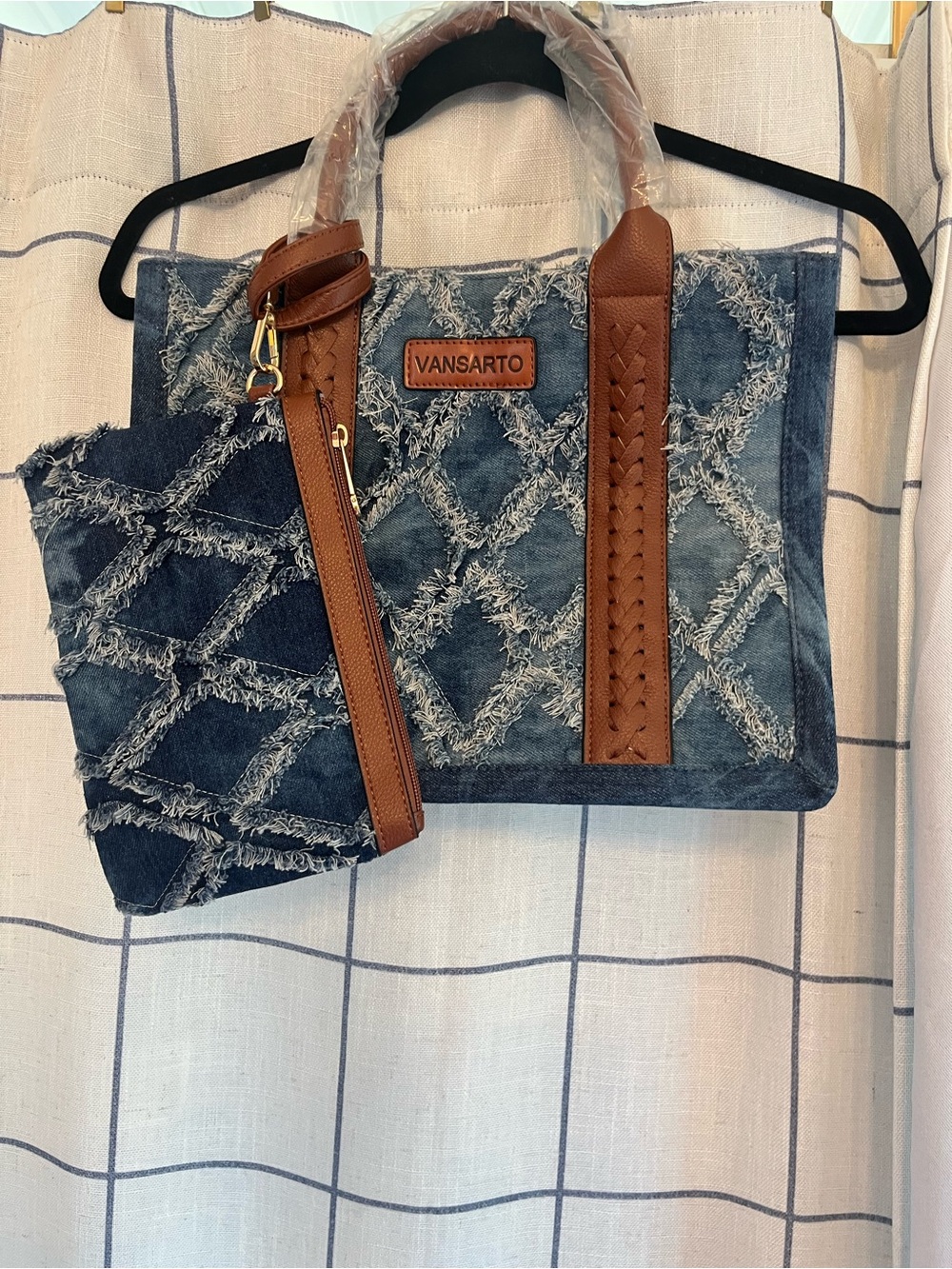 NWT Denim Tote with Brown Trim - Blue & Brown Vansarto